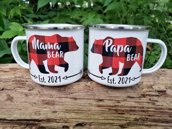 Mama and Papa Bear Mug Set, Papa Bear Mug, Mama Bear Mug, Buffalo Plaid  Camp Mug, Baby Shower Gift, Pregnancy Announcement, New Parent Gift 