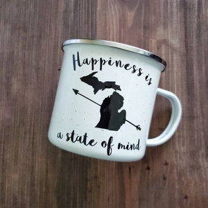 Michigan Coffee Mug, Happiness is a State of Mind Enamel Mug, Michigan Campfire Mug, Michigan Camp Mug, Christmas Gift image 4