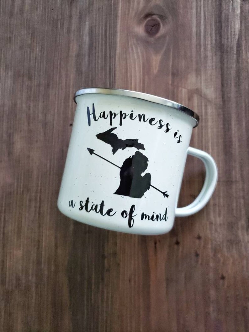 Michigan Coffee Mug, Happiness is a State of Mind Enamel Mug, Michigan Campfire Mug, Michigan Camp Mug, Christmas Gift image 4