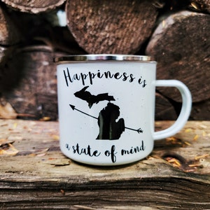 Michigan Coffee Mug, Happiness is a State of Mind Enamel Mug, Michigan Campfire Mug, Michigan Camp Mug, Christmas Gift image 2