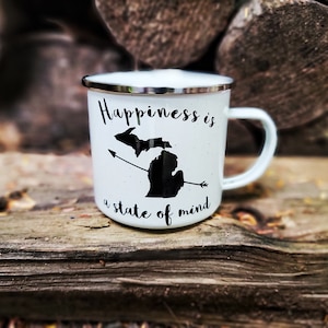 Michigan Coffee Mug, Happiness is a State of Mind Enamel Mug, Michigan Campfire Mug, Michigan Camp Mug, Christmas Gift image 1