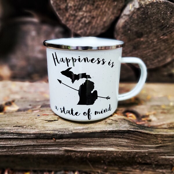 Michigan Coffee Mug, Happiness is a State of Mind Enamel Mug, Michigan Campfire Mug,  Michigan Camp Mug, Christmas Gift