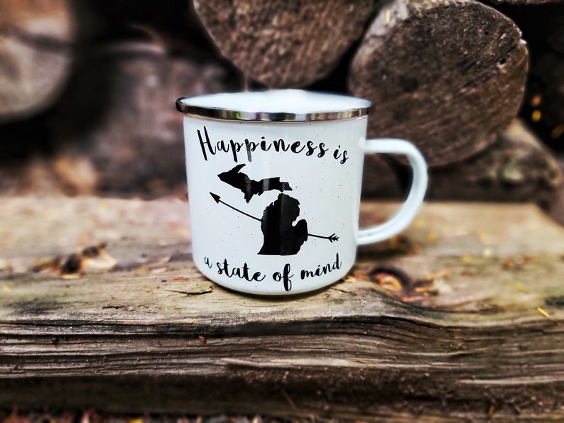 Michigan Coffee Mug, Happiness is a State of Mind Enamel Mug, Michigan Campfire Mug, Michigan Camp Mug, Christmas Gift image 1