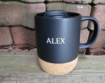 Custom Coffee Mug, Personalized Ceramic Mug with Lid, Cork Bottom Mug with Lid, Personalized Mug with Name, Black Matte Mug, Birthday Gift