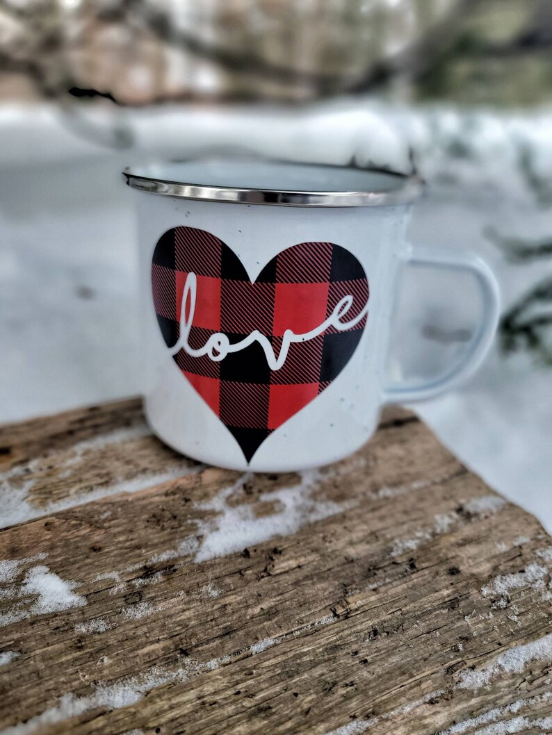 Plaid Love Mug, Valentine's Day Coffee Mug, Valentine Gift, Buffalo Plaid Heart Mug, Valentine's Day Gift, Plaid Campfire Mug image 2