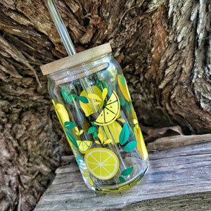 Lemon Glass Tumbler with Bamboo Lid & Glass Straw
