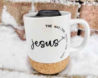 Jesus Coffee Mug: Christian Gift with Cork Bottom & Lid