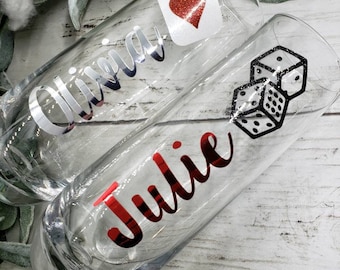 Personalized Vegas Casino Themed Stemless Champagne Flutes: Bachelorette Party