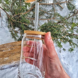 Bamboo Lid and Glass Straw for Glass Can, Beer Can Lid, Lid for Beer Can, Bamboo Mason Jar Lid, Glass Straw, Lid and Straw for Beer Can