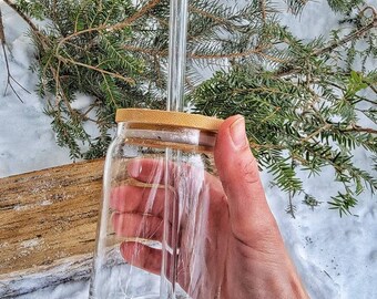 Bamboo Lid and Glass Straw for Beer Can Glass