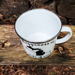 Michigan Coffee Mug, Happiness is a State of Mind Enamel Mug, Michigan Campfire Mug, Michigan Camp Mug, Christmas Gift image 3