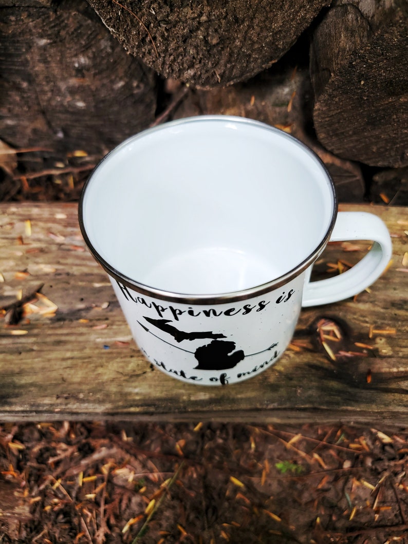 Michigan Coffee Mug, Happiness is a State of Mind Enamel Mug, Michigan Campfire Mug, Michigan Camp Mug, Christmas Gift image 3