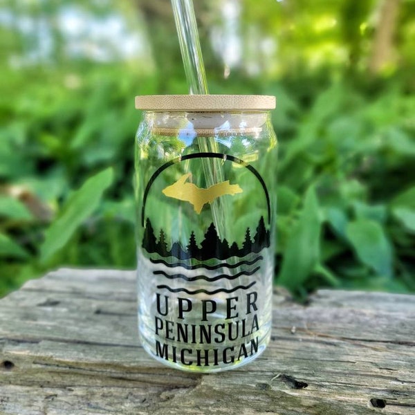 Upper Peninsula Beer Can Glass, UP Iced Coffee Cup,  U.P. Beer Can Cup, Yooper Coffee Cup, Copper Upper Peninsula Beer Can Glass