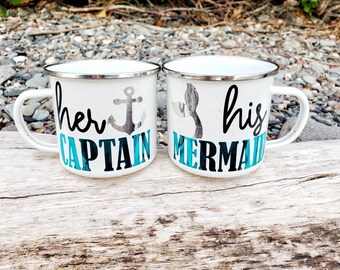 Her Captain His Mermaid Couples Mugs, Campfire Mug Set, Couples Coffee Mugs, Anniversary, Engagement, Wedding Gift, Nautical Wedding