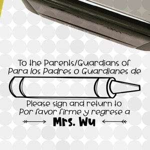 May include: A black and white stamp with the text "mrs. wu Likes this!" and a cartoon image of a woman with her arms raised. A second black and white stamp is also visible. The text "To the Parents/Guardians of Para los Padres o Guardianes de Please sign and return to Por favor firme y regrese a → Mrs. Wu" is printed on a white background. A blue and white sticker with the text "A Small World Called kindergarten" is also visible.
