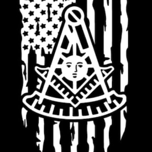 May include: White graphic of a Masonic symbol over a distressed American flag design on a black background. The symbol includes a compass, square, and a sun with a face. The flag has white stripes and stars.
