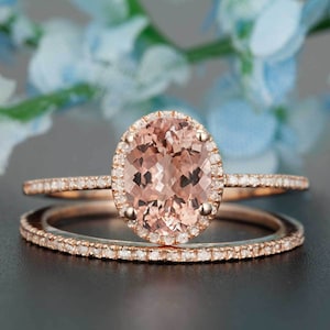 Natural Morganite and Diamond Halo Engagement Ring, 2 Carat Morganite Engagement Ring For Women, Rose Gold Wedding Set, Bridal Set for Her