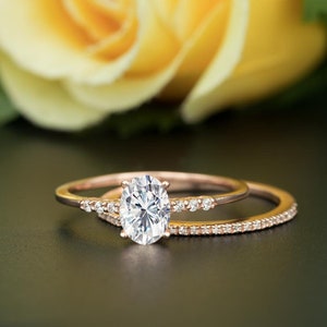 Classic 14K Solid Rose Gold Moissanite Engagement Ring Set,1.50 Carat,Oval Cut,Natural Diamond,Wedding Band,Anniversary,Bridal Ring Set,Gift