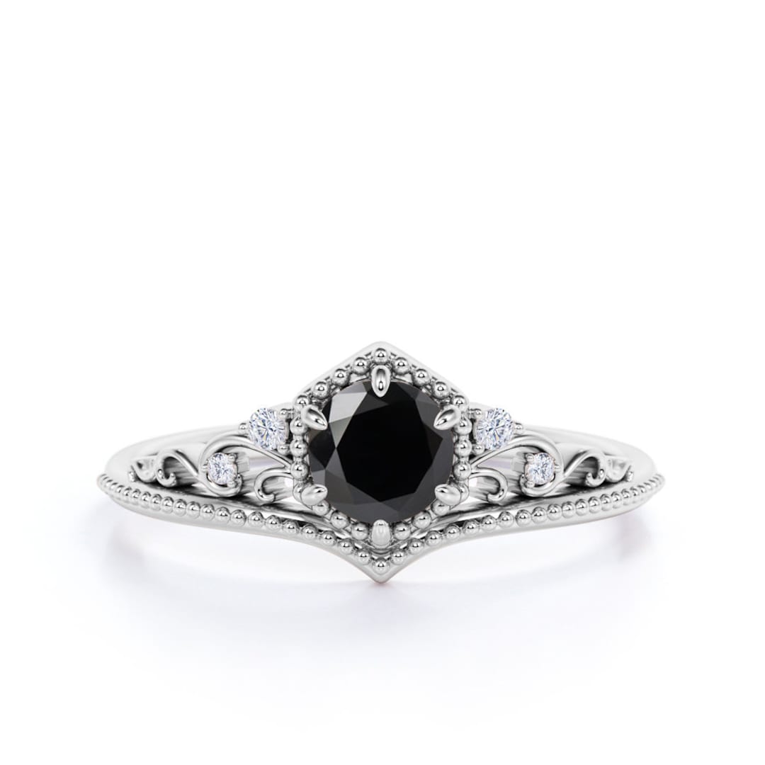 Vintage Black Diamond Engagement Ring in REAL White Gold, Black Gemstone Wedding Ring, Black