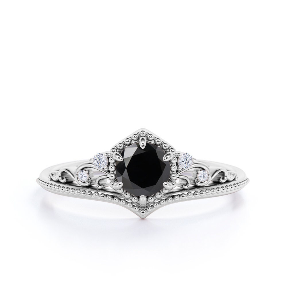 Vintage Black Diamond Engagement Ring in REAL White Gold Etsy