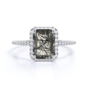 2 Carat Emerald Cut Black Rutilated Quartz Engagement Ring, Tourmalinated Quartz Ring, Gothic Ring, Sterling Silver Ring, Diamond Halo ring