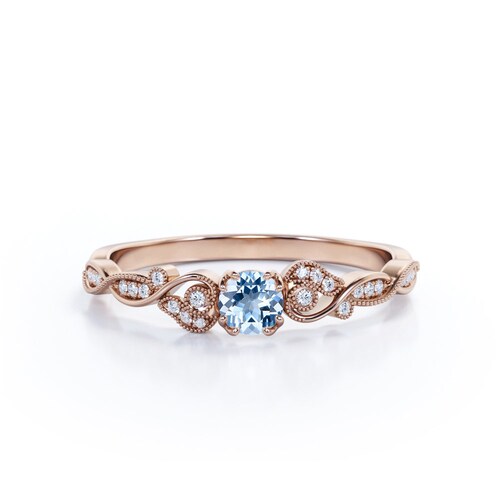 Dainty Aquamarine Engagement Ring, Vintage Milgrain shops Promise Ring For Her, Natural Blue Aquamarine With Twirling Design, March Birthday Gift