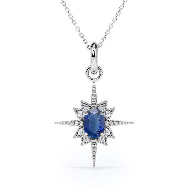 Dainty Oval Cut Celestial North Star Created Blue Sapphire Pendant in White Gold , Polestar Necklace,Astrological Design,Birthday