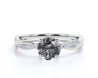 Elegant Black Rutilated Quartz Engagement Ring White Gold, Natural Tourmalinated Quartz Ring, Black Gemstone Ring, Valentines Gift For Her