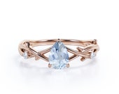 LIMITED Natural Aquamarine Engagement Ring, Minimal Tree Branch Design, Rose Gold Real Aquamarine Wedding Ring, Nature Inspired Ring For Her