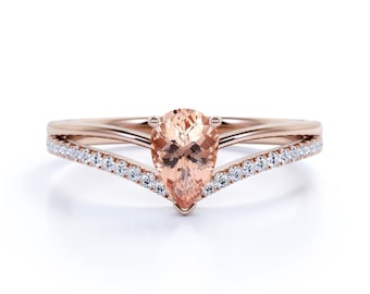 1.25 carat Pear Cut Morganite and Diamond Halo Engagement Ring in Rose Gold, Split Shank Engagement Ring, Gift For Her, Peach Pink Morganite