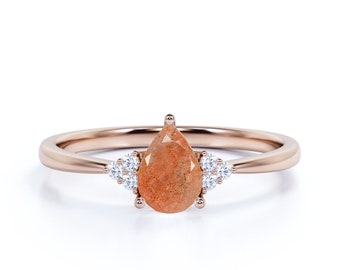 Dainty Pear Cut Sunstone Promise Ring For Her, Natural Sunstone Engagement Ring, Orange Sunstone Ring, 7 Stone Engagement Ring, Boho Rings