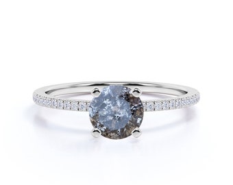 Authentic Salt and Pepper Diamond Ring, Dark Gray Salt and Pepper Diamond Engagement Ring, Natural Grey Diamond Ring For Women