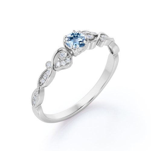 Dainty Aquamarine Engagement Ring, Vintage Milgrain shops Promise Ring For Her, Natural Blue Aquamarine With Twirling Design, March Birthday Gift