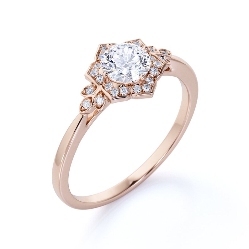 Nature Inspired Moissanite Bridal Set Flower Halo Moissanite Engagement Ring Set in 14k Rose Gold Nontraditional Engagement Ring