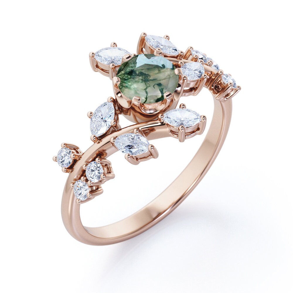LIMITED Natural Moss Agate Engagement Ring With Marquise Etsy LIMITED Natural Moss Agate Engagement Ring With Marquise Etsy