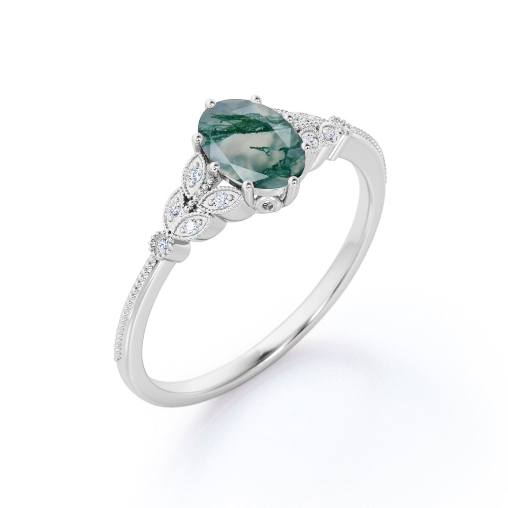 Alternative Moss Agate Engagement Ring In White Gold Oval Cut | Etsy