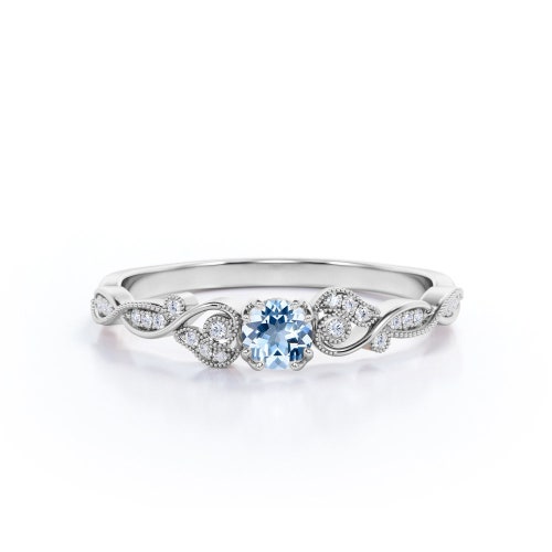 Dainty Aquamarine Engagement Ring, Vintage Milgrain Promise Ring For Her, Natural Blue Aquamarine With Twirling Design, March Birthday shops Gift