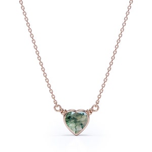 Minimalist Dainty Heart Shaped Solitaire Bezel Set Natural Green Moss Agate Pendants in Rose Gold,Petite Agate Necklace,Birthday