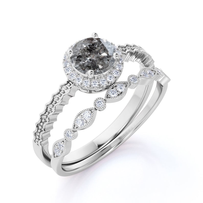 Salt and Pepper Diamond Engagement Ring Set in White Gold Etsy