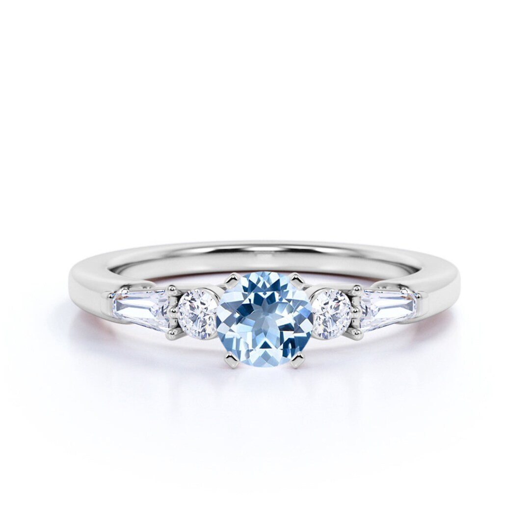 Simplistic 5 Stone Round Aquamarine & Diamond Engagement Ring, 1.25 ...