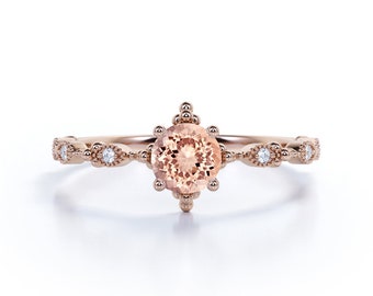 1.10 Ct Round Cut Vintage Milgrain Morganite Engagement Ring in 14K Rose Gold, Art Deco Pink Morganite Ring, Half Eternity, Birthday Gifts