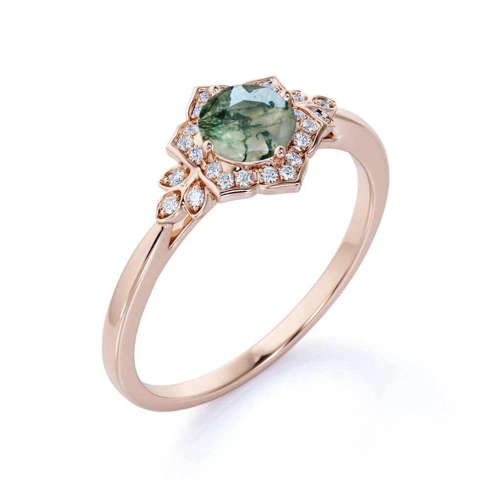 Vintage Flower Engagement Ring Natural Moss Agate Engagement Etsy