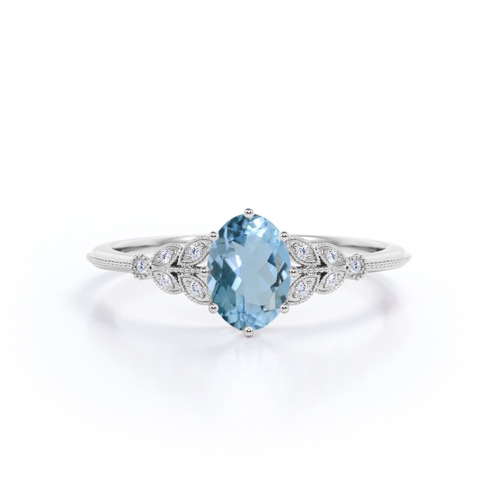 Vintage Aquamarine Engagement Ring With Real Diamonds White | Etsy