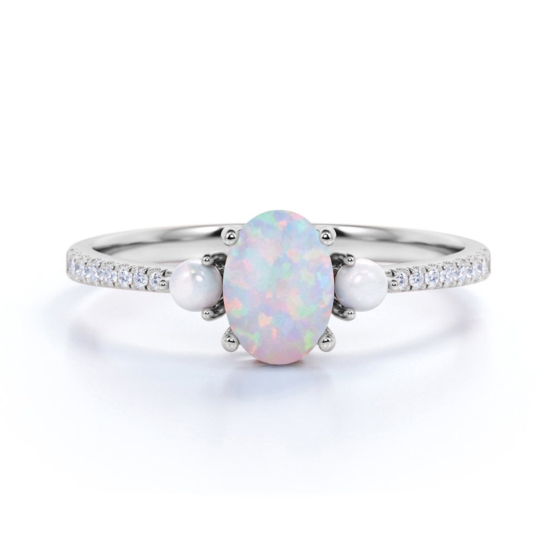 Trilogy Oval Opal & Pearl Engagement Ring 1.2 Carat Diamond