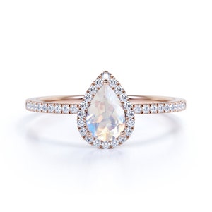 Solitaire Pear Cut Moonstone & Diamond Ring, 1.75 Carat Natural Diamond Pave Ring in 10k Real Gold, Tear Drop Moonstone Promise Ring Gift