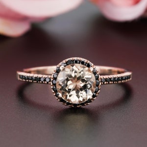 AUTHENTIC Huge 2 Carat Peach Pink Morganite Cushion Cut and Real Black Diamond Unique Engagement Ring, Promise Ring, 14k Rose Gold