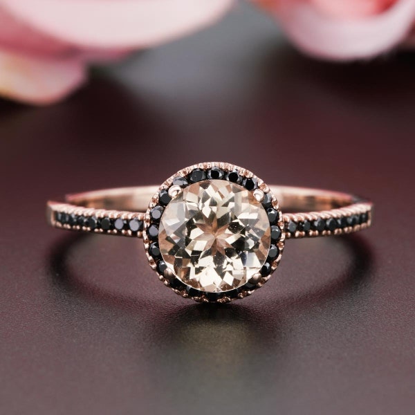 AUTHENTIC riesige 2 Karat Pfirsich rosa Morganit Kissen geschnitten und echte schwarze Diamant einzigartige Verlobungsring, Versprechen Ring, 14 k Rose Gold