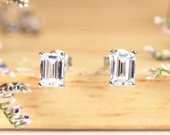 2 Total Carat Emerald Cut Solitaire 4 Prongs Basket Set White Moissanite Earrings in 18K White Gold over Silver,Baguette Studs,Birthday Gift