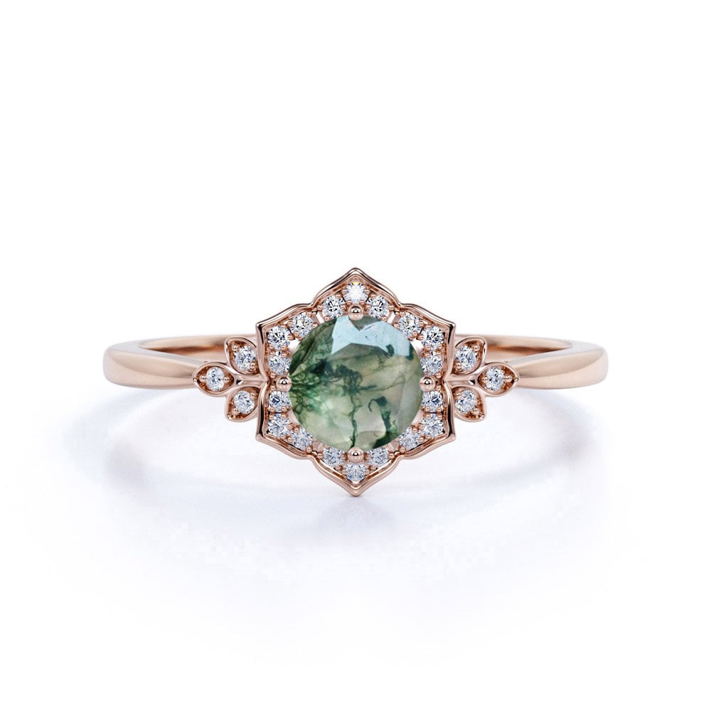 Vintage Flower Engagement Ring Natural Moss Agate Engagement Etsy