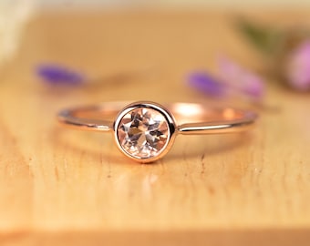 Round Cut Solitaire Minimalist Bezel Set Pink Morganite Promise Ring in Rose Gold Plated over Silver,Plain Band,Timeless Design